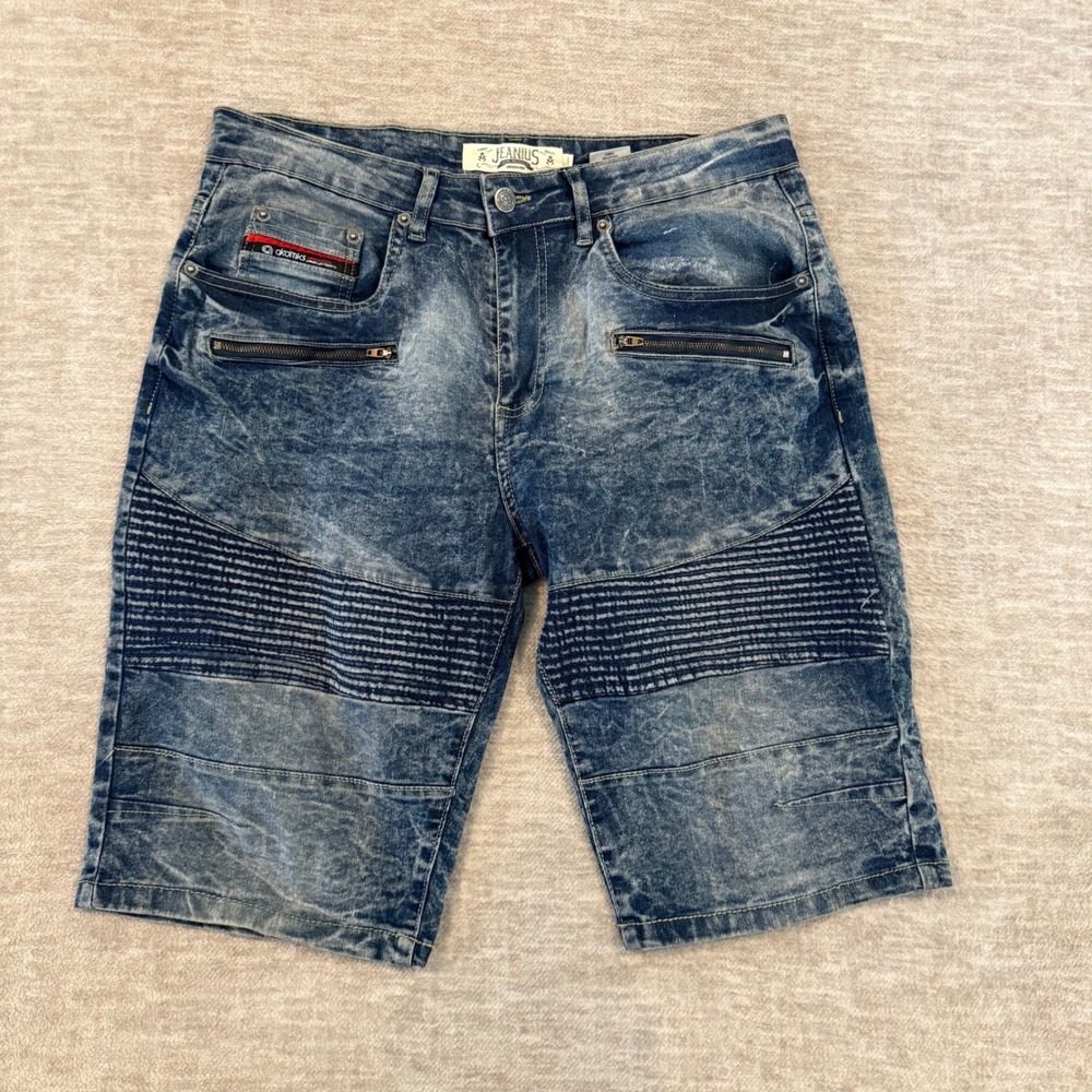 Jeanius By Akademiks Vintage Y2K Shorts ZIPPER Acid Wash Distressed Blue Mens 32